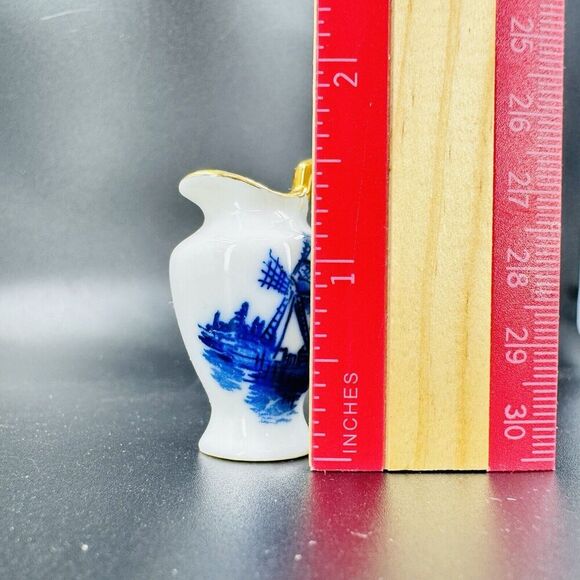 Miniature Dollhouse Pitcher White Porcelain with Blue Windmill Dutch Trim - Picture 7 of 9